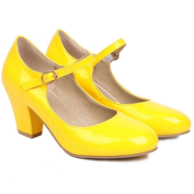 Women's Block High Heels Pumps Big Size 45 Lolita Mary Jane Shoes Elegant Black Red Pink Blue Heeled Office Wedding Shoes Ladies