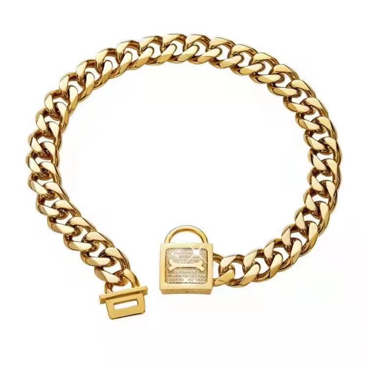 Factory  Cuban Chain Dog Collar Custom Sizes 19mm Lock Gold Stainless Steel Chain
