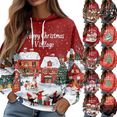 Damen Sweatshirt mit Weihnachtsmuster, langärmelig, lockerer Kordelzug, Kapuzenpullover