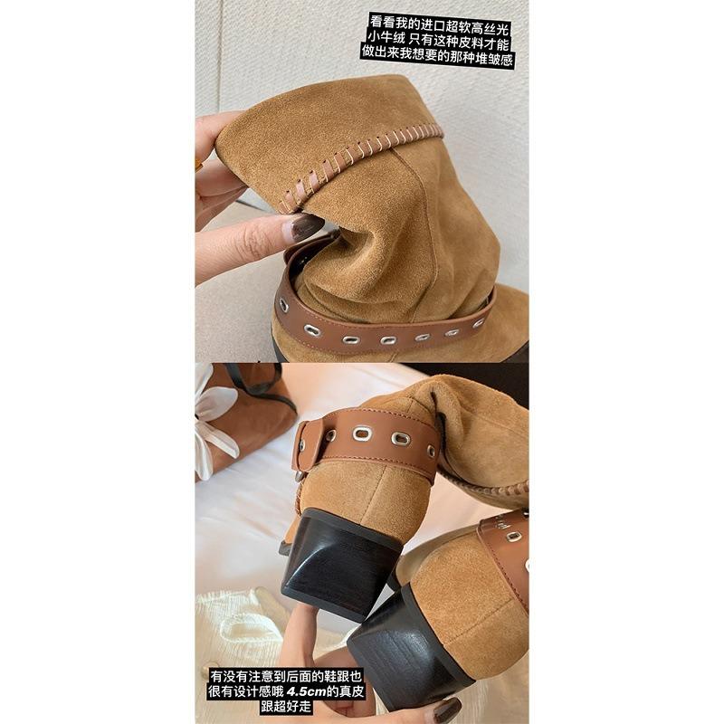 Cowhide~ Dunhuang Stack Boots 5cm Thick Heel Buckle Western Cowboy Knight Short Boots Women's Desert Boots