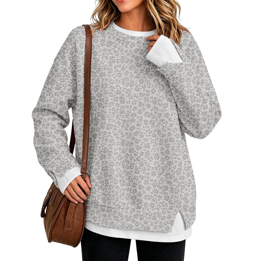 Women's Leopard Print Two Piece Long Sleeve Round Neck Casual Pullover Top