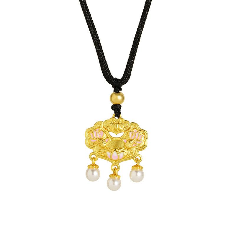 Summer Ruyi Lock Lotus Imitation Pearl Braided Rope Necklace Pendant