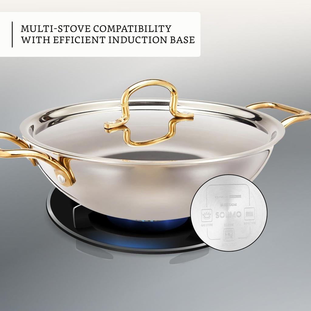Stainless Steel Triply Kadai 24 Cm with Ss Lid and Pvd Coated Handles (Gold and Rose Gold Colour)