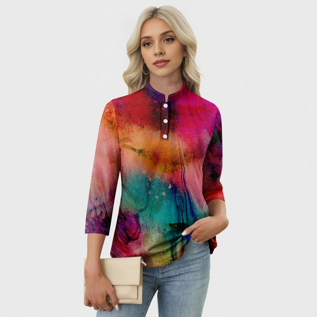 Damen Casual Blumenmuster V-Ausschnitt 3/4 Ärmel Dekorative Knöpfe T-Shirt Top