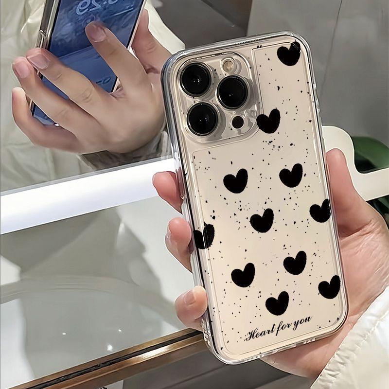 Full Screen Black Love Apple 15/14/13 Mobile Phone Case 14Promax Transparent 15Pro Couple Soft 11/12 All-inclusive