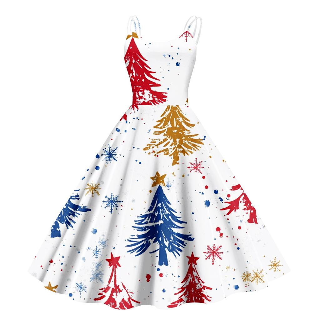 Cadouri de Crăciun pentru damă Pălărie de Moș Crăciun Imprimată Rochie Vintage Punk Sexy cu umăr dezactivat