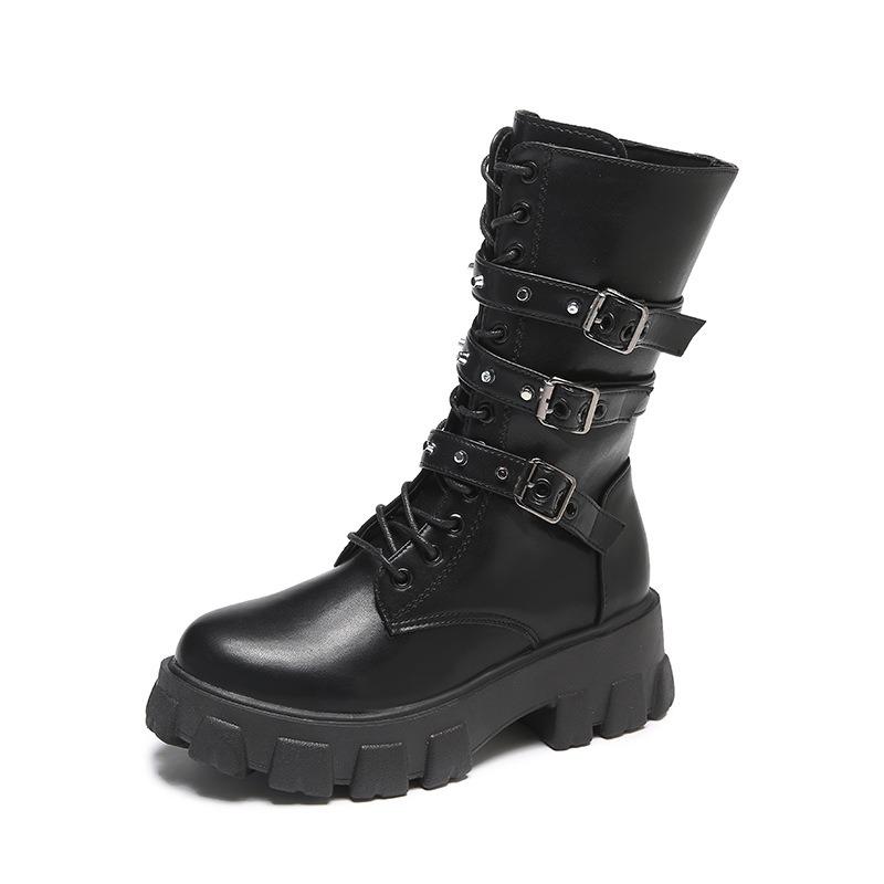 Thick-soled Martin Boots Women's Autumn and Winter New Round Head Belt Buckle Locomotive Boots Velvet Women's Boots