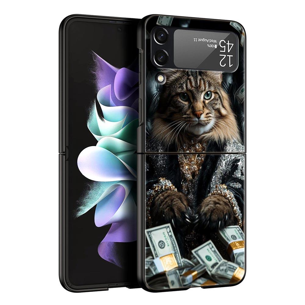 Hard PC Phone Case For Samsung Galaxy Z Flip 7 6 5 4 Black Cover For Galaxy Z Flip 3 Foldable Shockproof Money Cat Fundas Capas