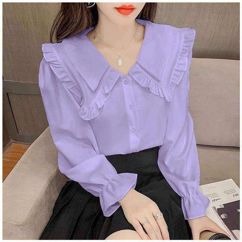 Solid Color Shirt for Women Spring Autumn New Design Sweet Fungus Edge Doll Collar Long-sleeved Top