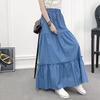 90cm Length Denim Skirts Women's Elastic High Waist Button Shirring Patchwork Ruffle Long Skirt Casual Blue Skirts Streetwear