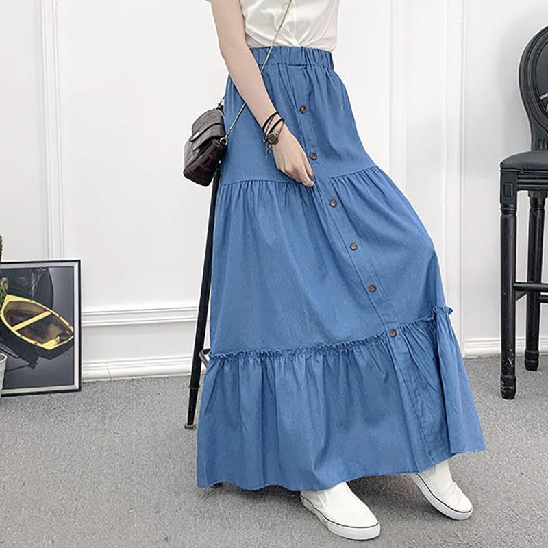 90cm Length Denim Skirts Women's Elastic High Waist Button Shirring Patchwork Ruffle Long Skirt Casual Blue Skirts Streetwear