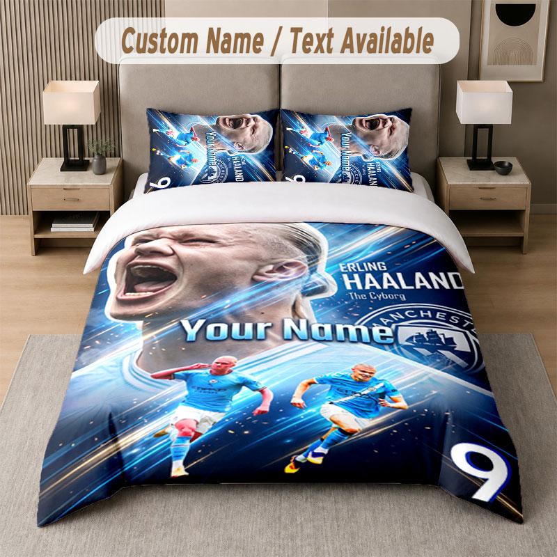 Custom Bedding Set Erling Haaland Pattern, Print Name Text 1 Duvet Cover Plus 2 Pillowcases Home Textile