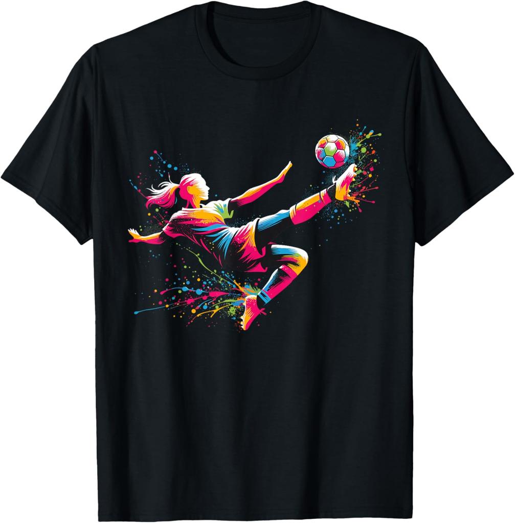 Colorful Splatter Soccer Player Kick Graphic Tee Breathable Cotton Daily Tshirt For Unisex