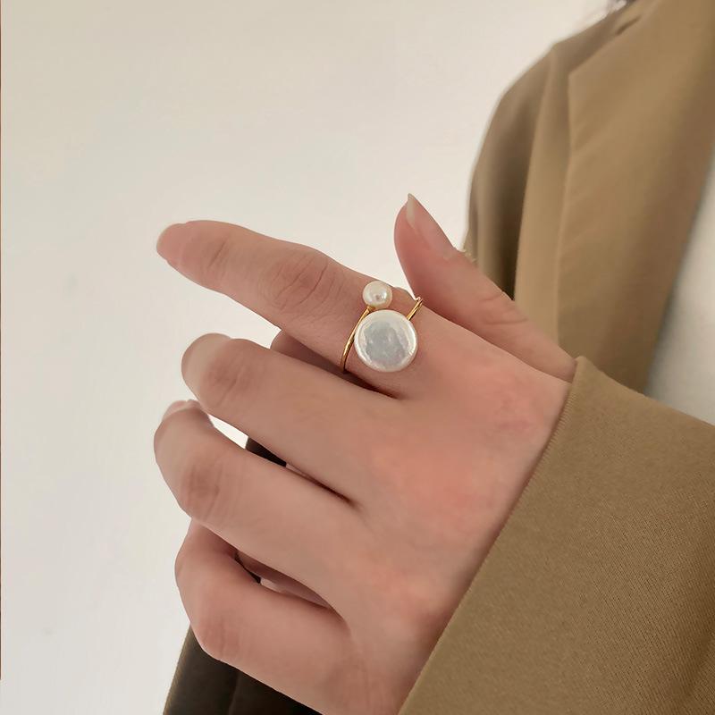 Large Natural Baroque Freshwater Pearl Open Ring Wrapped In Gold, Versatile High-end Finger Ring Ins Female Niche