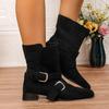 Fashion Suede Short-thigh Boots Autumn New Women's Fashion Round Toe Metal Buckle Cover Foot Non-slip Wear-resistant Block Heel Boots