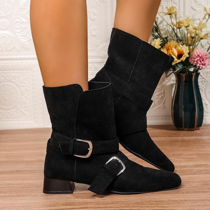 Fashion Suede Short-thigh Boots Autumn New Women's Fashion Round Toe Metal Buckle Cover Foot Non-slip Wear-resistant Block Heel Boots