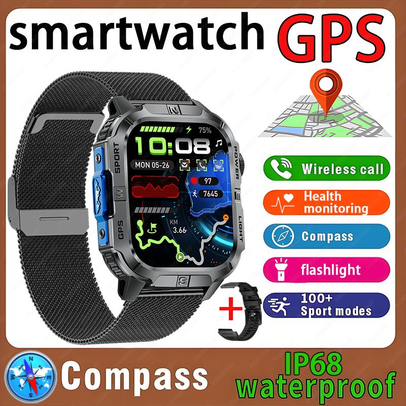 New Professional GPS Outdoor Smart Watch Men Flashlight Compass Waterproof Military Sport Tracker Bluetooth Call Smartwatch