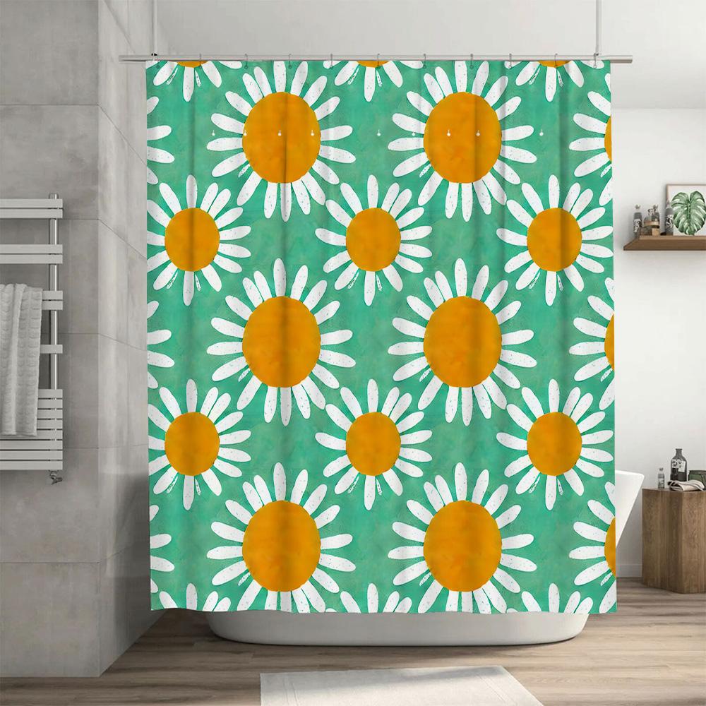 Bright Floral Shower Curtain 3D Printed Bathroom Decor Waterproof Fabric Modern Sunflower Design For Home Decoration In Green Co