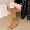 Inside Heightened Tall Boots Autumn New Pointed Toe Suede Lace-Up Rear Soft Sole Anti-Slip Wear-Resistant Low Heel Shoes