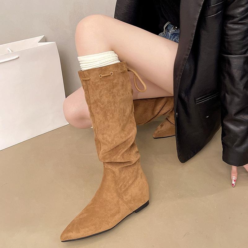 Inside Heightened Tall Boots Autumn New Pointed Toe Suede Lace-Up Rear Soft Sole Anti-Slip Wear-Resistant Low Heel Shoes