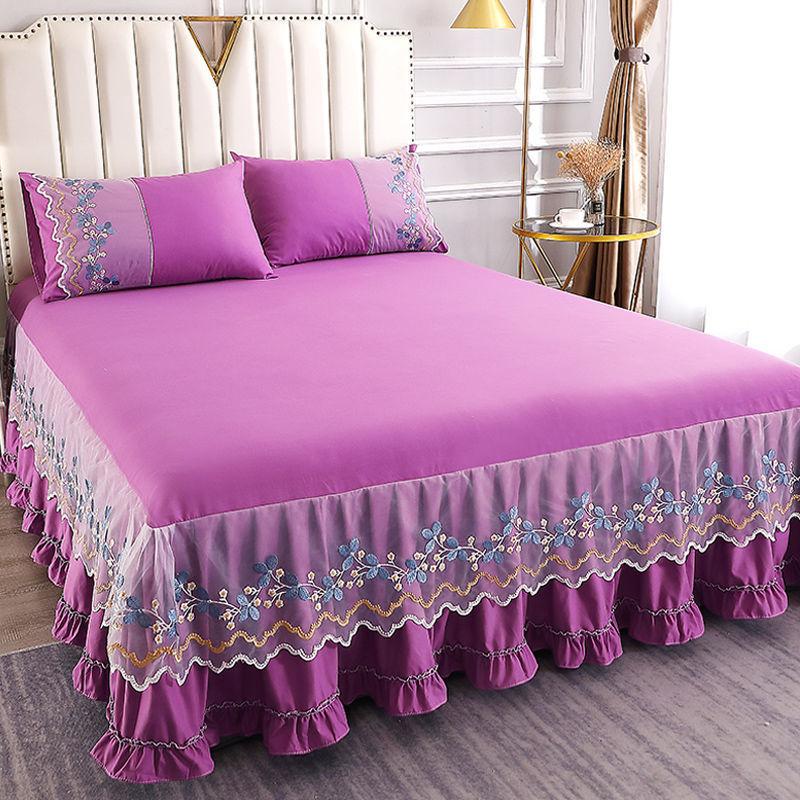 Solid Lace Embroidered Bedspread Mattress Protective Cover Polyester Bed Skirt Anti Slip and Dustproof Flounce Edge Bedsheet