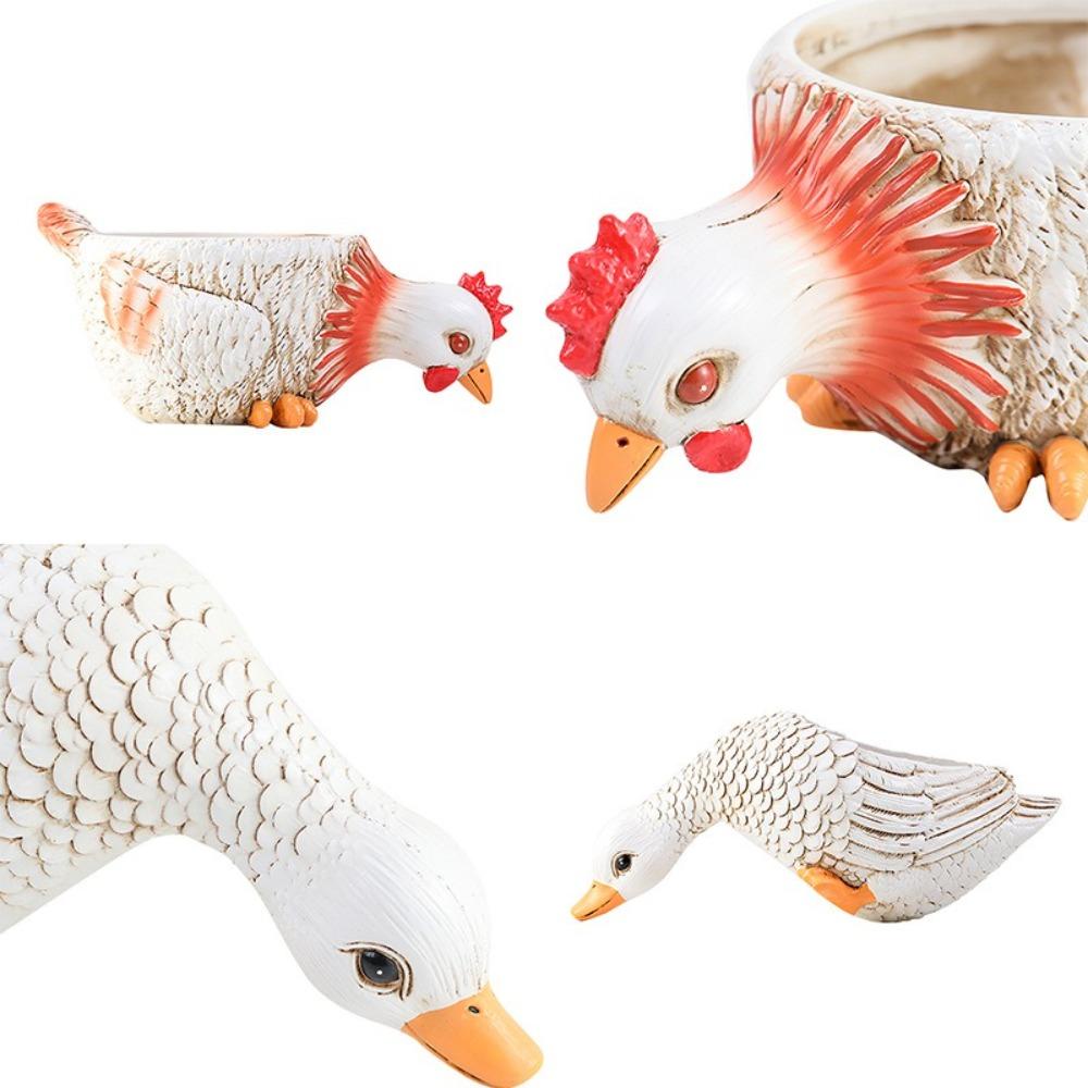 Ghiveci amuzant cu cocoș și rață de desene animate, lucrat manual, impermeabil, ghiveci cu pui, artizanat din rășină, recipient pentru plante pentru grădină, gazon