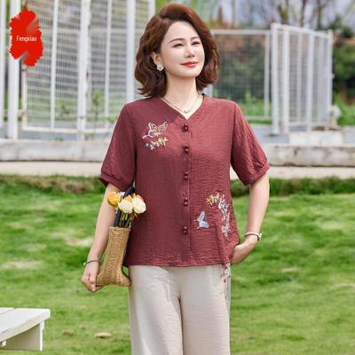 Middle-Aged Women's New Chinese Style Short Sleeve Two-Piece Set