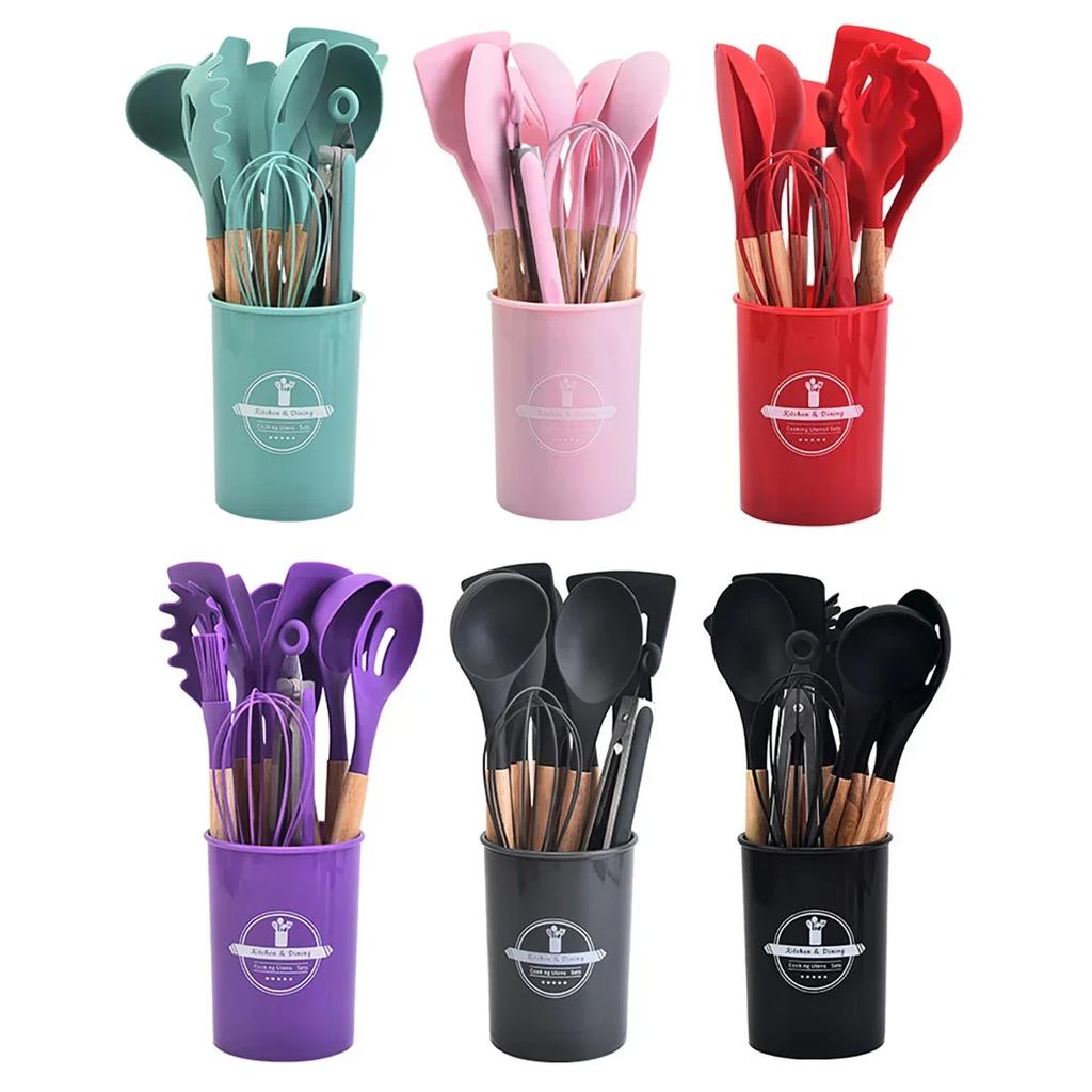 12Pcs/5pcs Silicone Utensils Set Non-Stick Cookware Spatula Shovel Wooden Handle Kitchenware Home Kitchen Cooking Tools