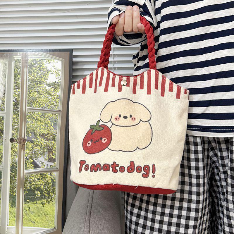 2025 Cute Cartoon Zipper Canvas Bucket Bag - Small Tote for Students and Moms