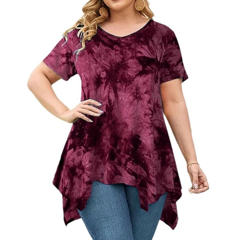 Plus-size Fashion Women's Tie-dye V-neck Hem Irregular Short-sleeved Loose Top