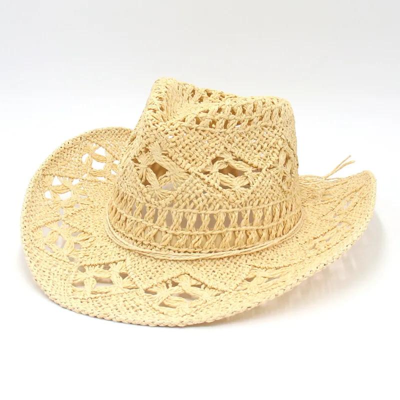 New Summer Cowboy Hat Handwoven Straw Western Vintage Breathable Lace Hollow Design Lightweight Outdoor Jazz Hat for Women Men