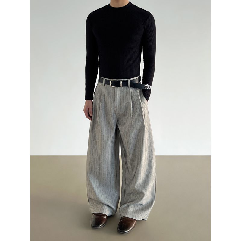 Blaexit Old Money Style Cleanfit Gray Striped Trousers Unisex Casual Drape Loose A-Line Wide-Leg Pants