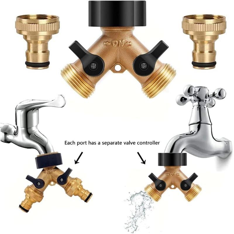 Brass Hose Distributor - 1/2" and 3/4" Faucet Y-Type Distributor with On/Off Valve, 2-Way Connector for Home Garden Outdoor