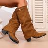 Mode Schlupf Kniehohe Stiefel mit hohem Absatz Damen Herbst Winter Hoher Schaft Reiterstiefel Frau Spitzzehe Dicker Absatz Langschaftstiefel