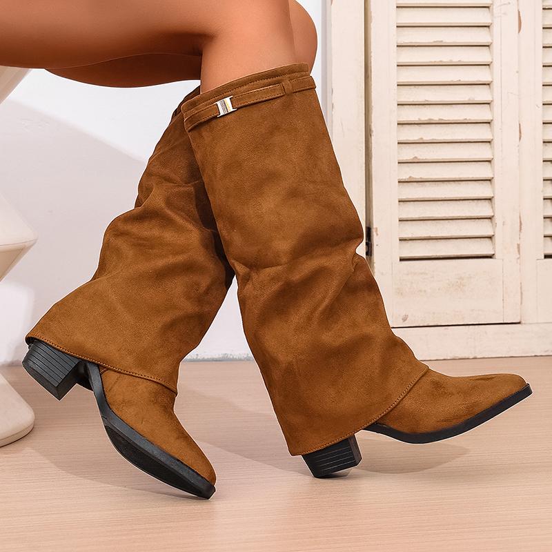 Mode Schlupf Kniehohe Stiefel mit hohem Absatz Damen Herbst Winter Hoher Schaft Reiterstiefel Frau Spitzzehe Dicker Absatz Langschaftstiefel
