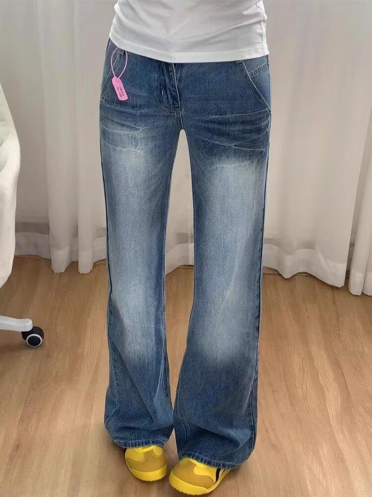

Женские джинсы с широкими штанинами и эффектом потертости: Американская складка, Выстиранный, В пол, Свободный и Драпированный дизайн для Весны/Осени. 5XL синий