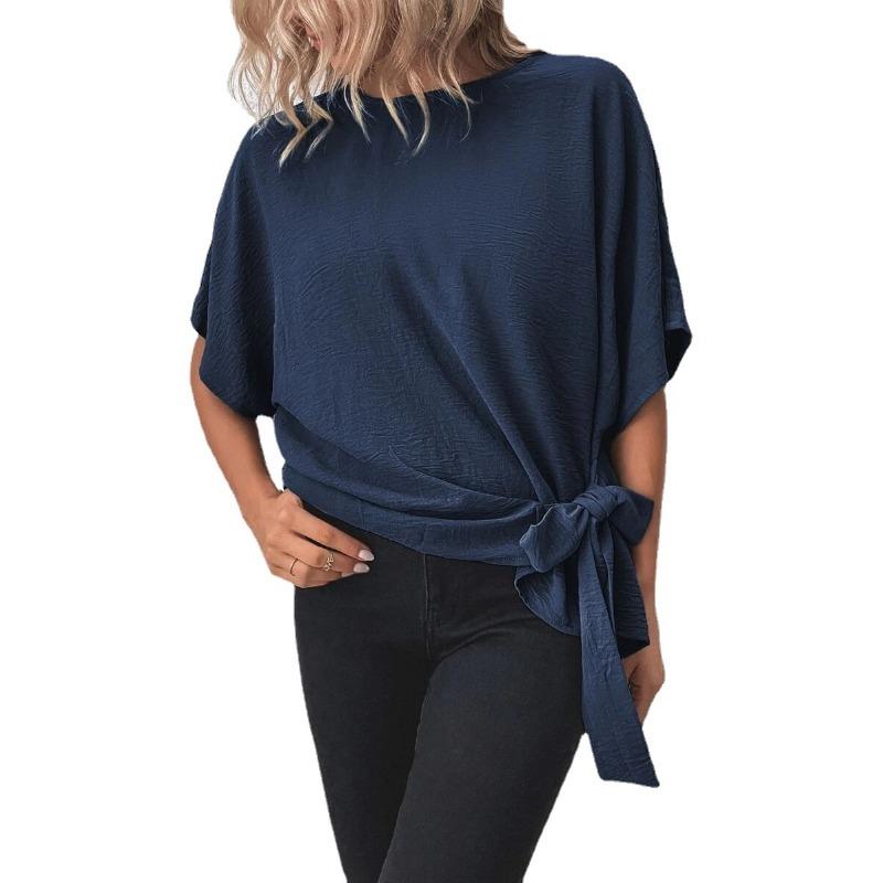 Damen Sommer T-Shirt Einfarbig Fledermausärmel Saum Knoten Lose Kurzarm Top