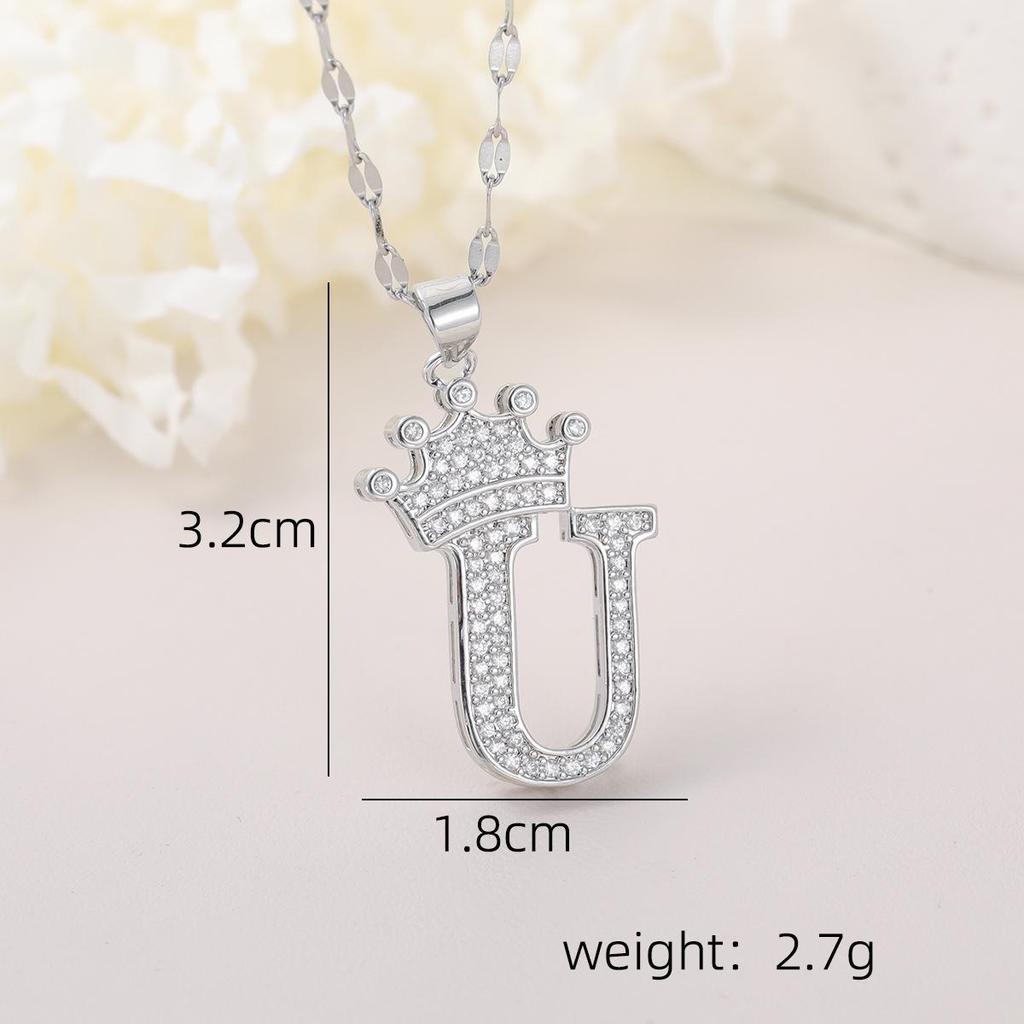 Copper Micro-Inlaid Zircon Crown Letter Pendant Necklace - Hip-Hop Silver Fashion