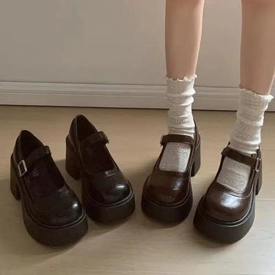 Black Chunky Heel Platform Small Leather Shoes Women's 2025 Spring New Arrival French Height Increasing Mary Jane Shoes Short
