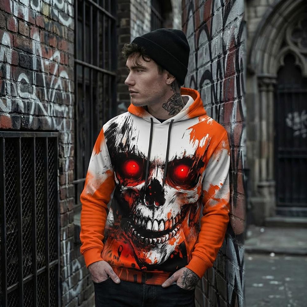 Spring Autumn Men Super Loose Hoodie Skull Tie‑Dye Print Hip‑Hop Street Casual Pullover