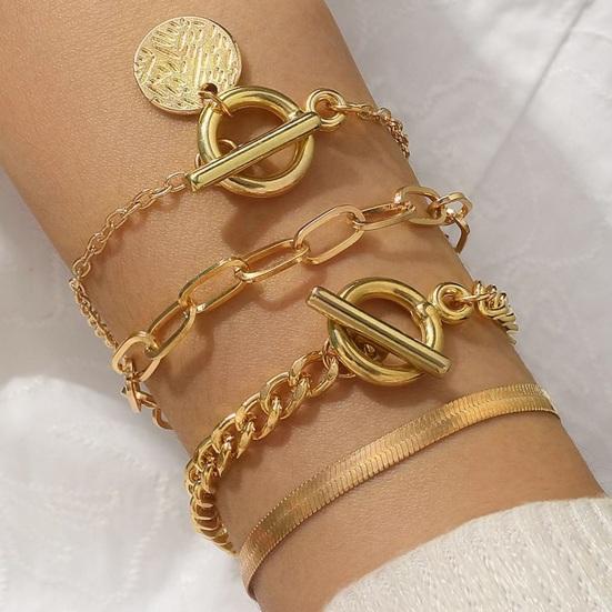 4 Pcs/Set Women Bracelet Hip Hop Style Snake Bone Chain Hollow Chain Round Pendant Adjustable Golden Color Polished 4 Pieces Set Wrist Jewelry Set
