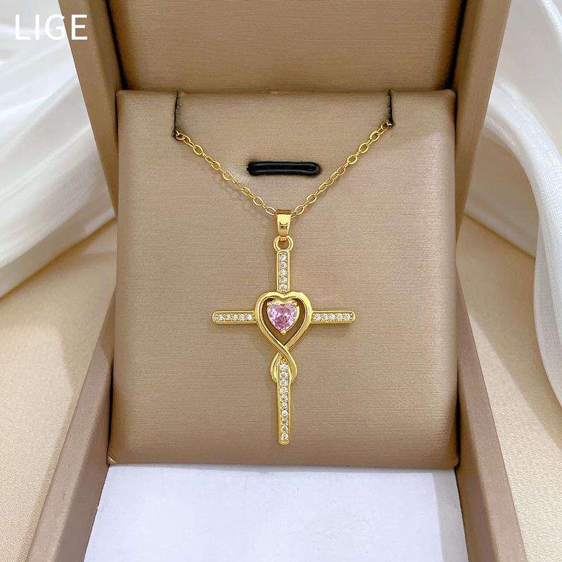 Cross Full Diamond Light Luxury Temperament Gorgeous Full Diamond Necklace Women'S Versatile Collarbone Chain Titanium Steel Chain