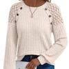 Long Sleeves Women's Round Neck Solid Color Hollow Button Long Sleeve Casual Splicing Top