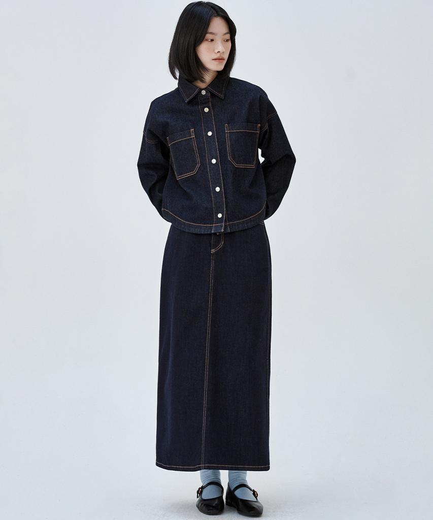 MALOUPE 3112 Non-Fade Denim Skirt (Dark Indigo)