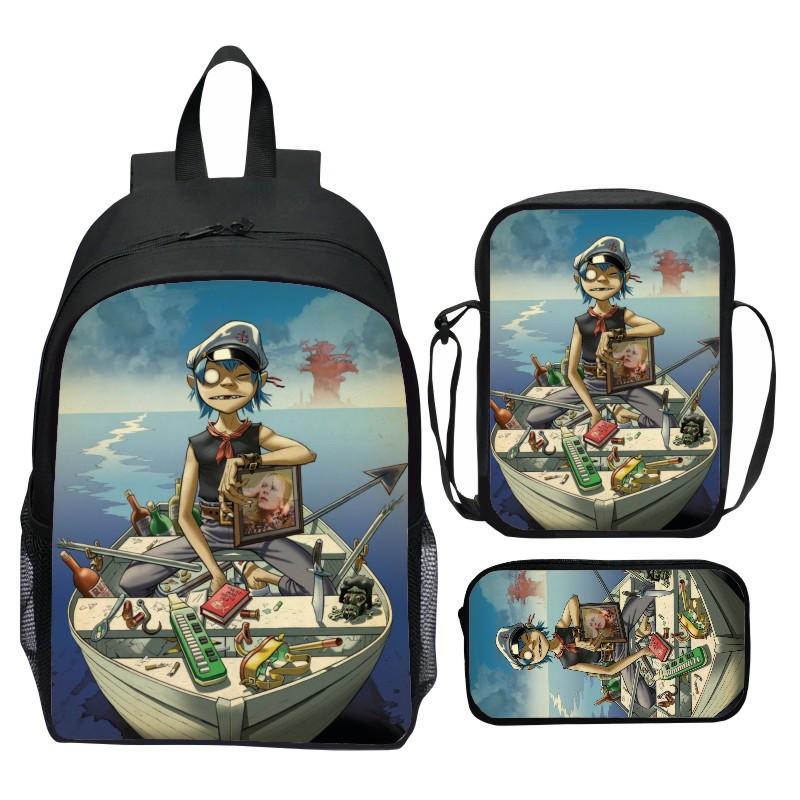 Gorillaz UK Virtual Band Printed Cartoon Backpack 3-Piece Set School Bag Lightweight Large Capacity