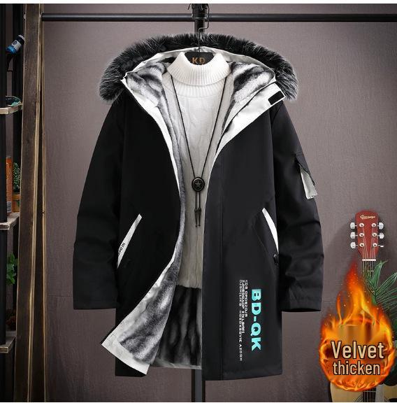 Men's Winter Fleece-Lined Hooded Mid-Length Printed Cotton Coat - Trendy & Warm Casual Jacket