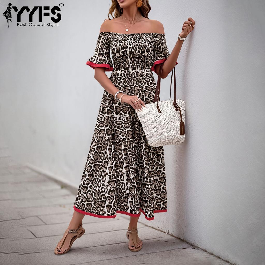 YYFS Damenmode Sommer Frühling Leopardenmuster Kurzarm Eine Schulter Hohe Taille Freizeitkleider