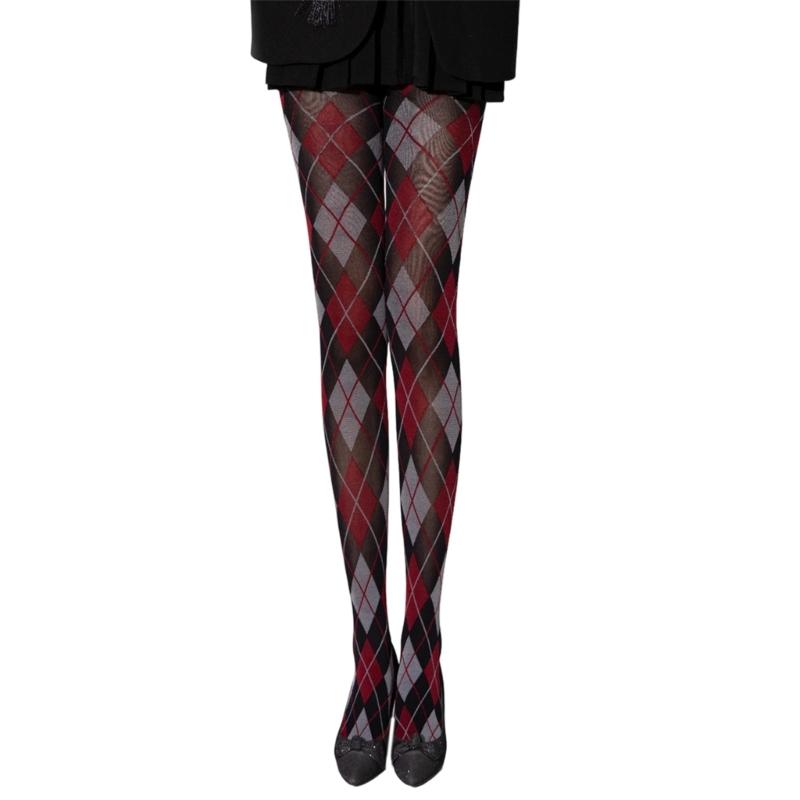 Dames Argyle Ruitpatroon Panty Ademend Nylon Stof OnDoorzichtig Maillot Kousen Stijlvolle Contrastkleur Leggings