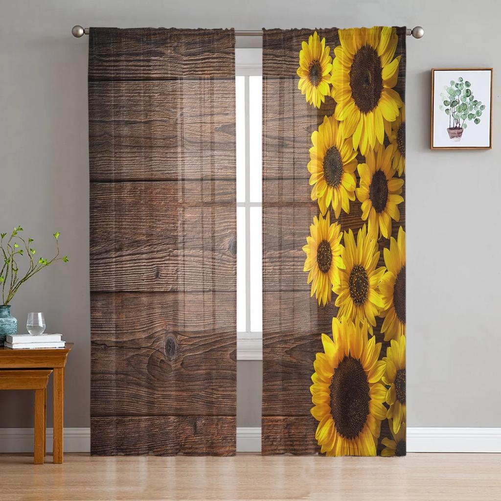 Sunflower Plant Butterfly Bouquet Leaves Flower Chiffon Sheer Drapes Living Room Bedroom Decor Window S Curtain