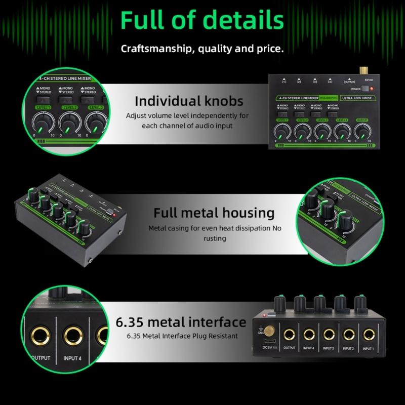 Low Noise 4 Channel Line Mixer for Mixing 4 Stereo Channel LED Mixer Adapter for Microphones Guitars Keyboards